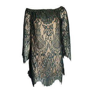 LOVE FIRE Green Lined Lace Long Sleeve Off Shoulder Dress Tunic Womens M Medium